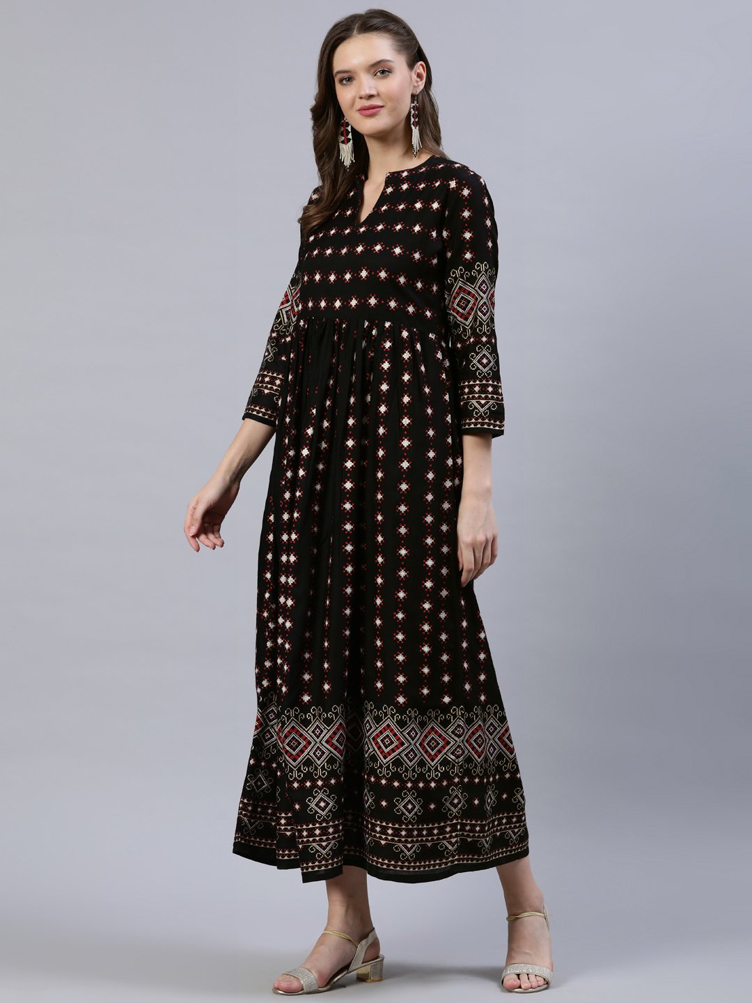 Women Black Printed Dress With Three Quarter Sleeves | LASVINI - Redefining Indian Fashion with Elegance
