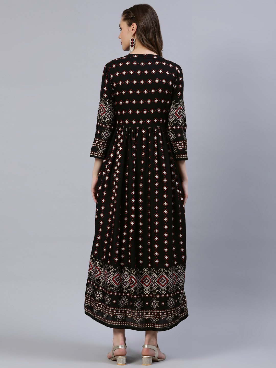 Women Black Printed Dress With Three Quarter Sleeves | LASVINI - Redefining Indian Fashion with Elegance