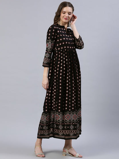 Women Black Printed Dress With Three Quarter Sleeves | LASVINI - Redefining Indian Fashion with Elegance