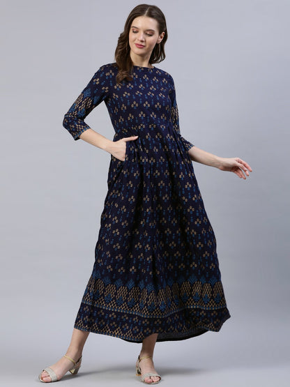 Women Navy Blue & Gold Printed Dress With Three Quarter Sleeves | LASVINI - Redefining Indian Fashion with Elegance