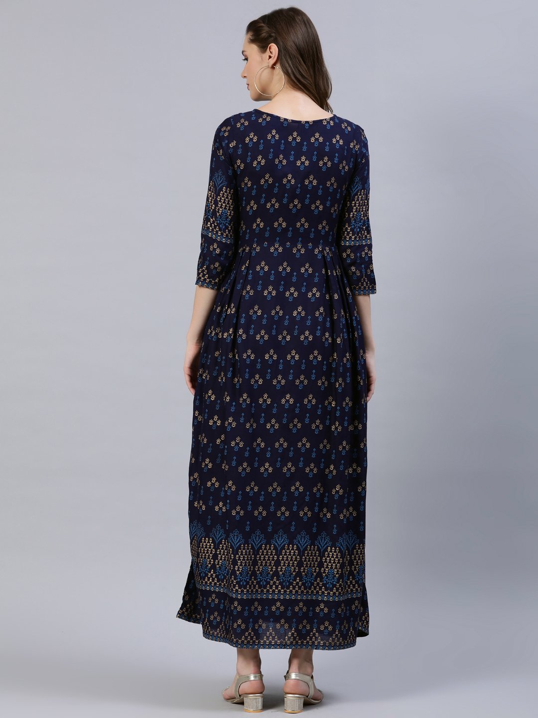 Women Navy Blue & Gold Printed Dress With Three Quarter Sleeves | LASVINI - Redefining Indian Fashion with Elegance