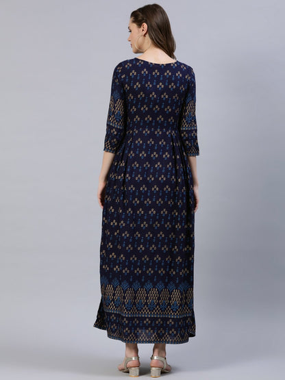 Women Navy Blue & Gold Printed Dress With Three Quarter Sleeves | LASVINI - Redefining Indian Fashion with Elegance