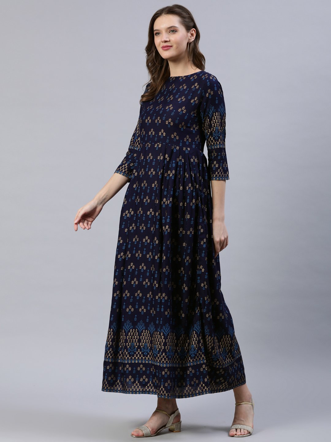 Women Navy Blue & Gold Printed Dress With Three Quarter Sleeves | LASVINI - Redefining Indian Fashion with Elegance