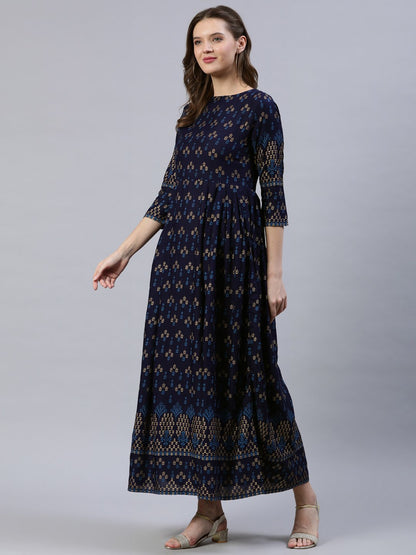 Women Navy Blue & Gold Printed Dress With Three Quarter Sleeves | LASVINI - Redefining Indian Fashion with Elegance