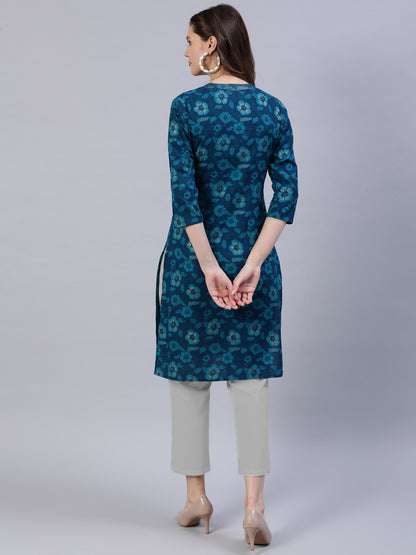 Women Green Straight Kurti With Three Quarter Sleeves | LASVINI - Redefining Indian Fashion with Elegance