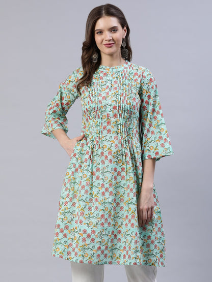 Women Green Pleated A-Line Kurta With Three Quarter Sleeves | LASVINI - Redefining Indian Fashion with Elegance