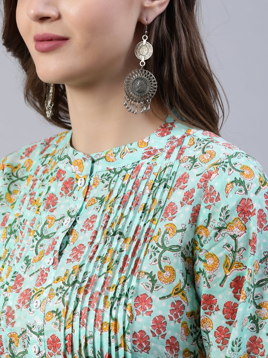 Women Green Pleated A-Line Kurta With Three Quarter Sleeves | LASVINI - Redefining Indian Fashion with Elegance