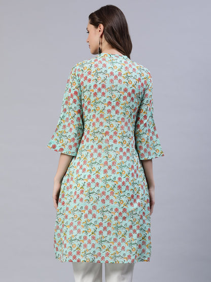 Women Green Pleated A-Line Kurta With Three Quarter Sleeves | LASVINI - Redefining Indian Fashion with Elegance