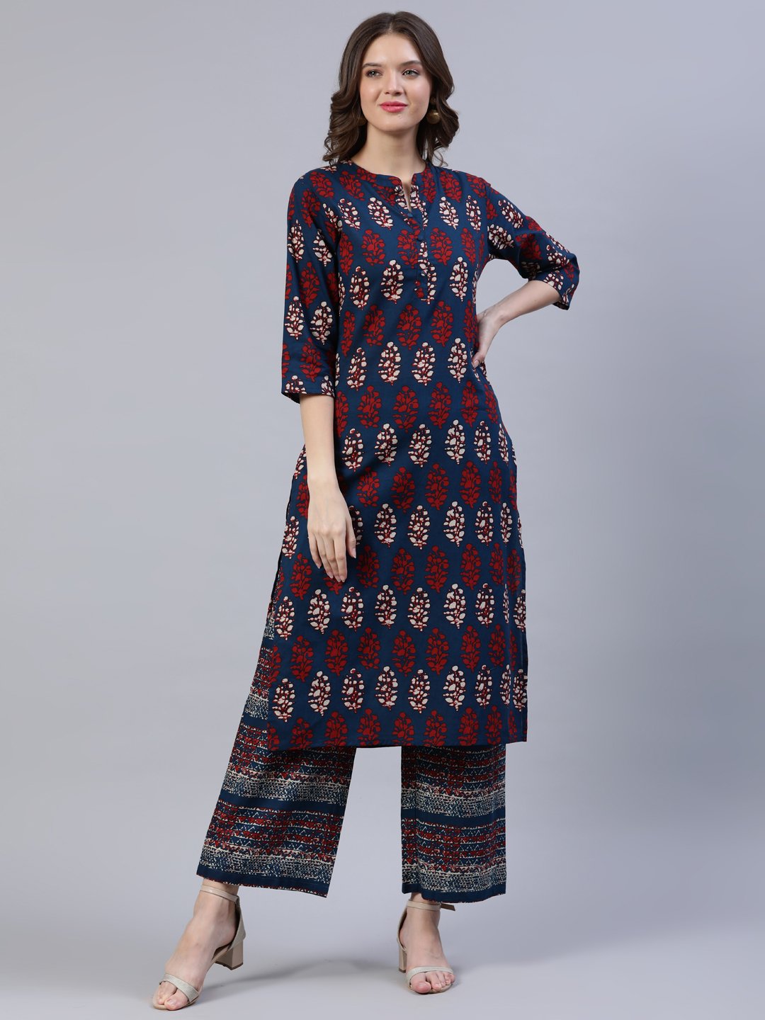 Women Blue & Red Printed Straight Kurta | LASVINI - Redefining Indian Fashion with Elegance