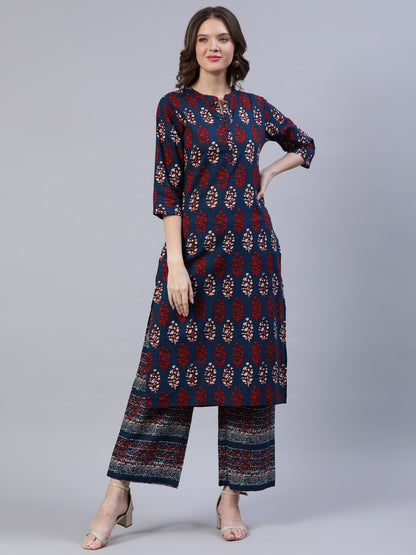 Women Blue & Red Printed Straight Kurta | LASVINI - Redefining Indian Fashion with Elegance