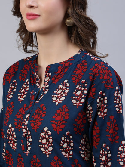 Women Blue & Red Printed Straight Kurta | LASVINI - Redefining Indian Fashion with Elegance