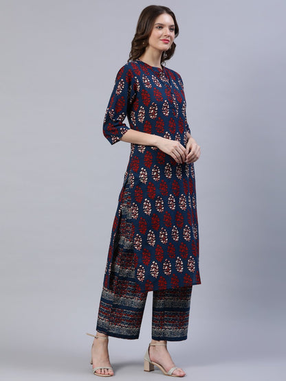 Women Blue & Red Printed Straight Kurta | LASVINI - Redefining Indian Fashion with Elegance