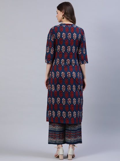 Women Blue & Red Printed Straight Kurta | LASVINI - Redefining Indian Fashion with Elegance