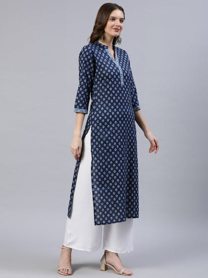 Women Indigo Blue Printed Straight Kurta With Three Quarter Sleeves | LASVINI - Redefining Indian Fashion with Elegance