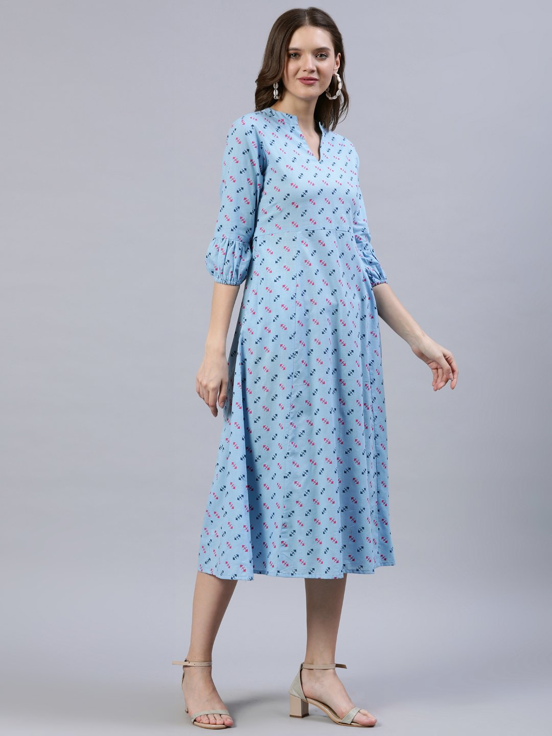 Women Light Blue Dress With Three Quarter Detailed Sleeves | LASVINI - Redefining Indian Fashion with Elegance