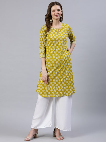 Women Green Printed Straight Kurta With Three Quarter Sleeves | LASVINI - Redefining Indian Fashion with Elegance