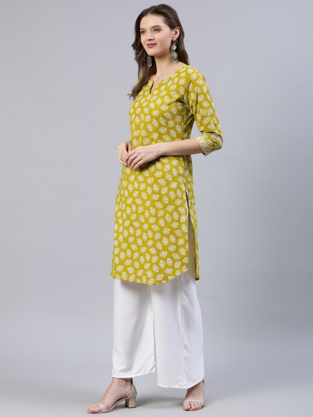 Women Green Printed Straight Kurta With Three Quarter Sleeves | LASVINI - Redefining Indian Fashion with Elegance