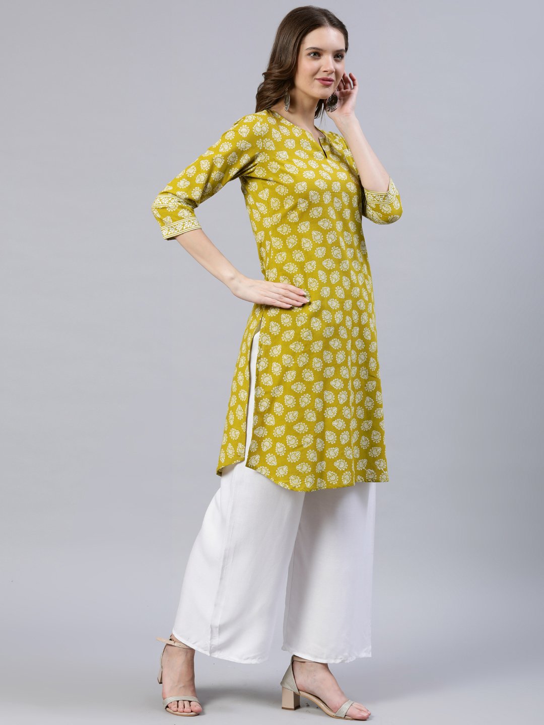 Women Green Printed Straight Kurta With Three Quarter Sleeves | LASVINI - Redefining Indian Fashion with Elegance