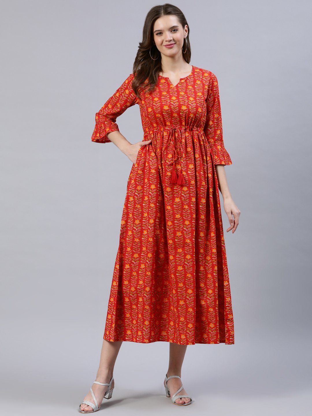 Women Red Printed Dress With Flared Sleeves | LASVINI - Redefining Indian Fashion with Elegance