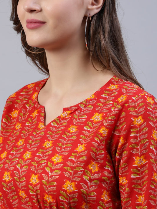 Women Red Printed Dress With Flared Sleeves | LASVINI - Redefining Indian Fashion with Elegance
