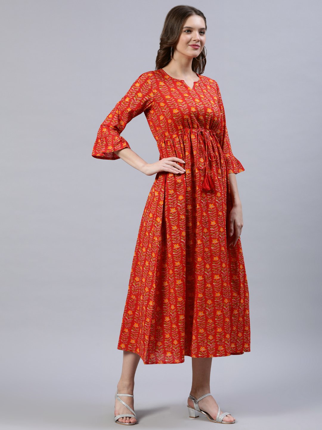 Women Red Printed Dress With Flared Sleeves | LASVINI - Redefining Indian Fashion with Elegance
