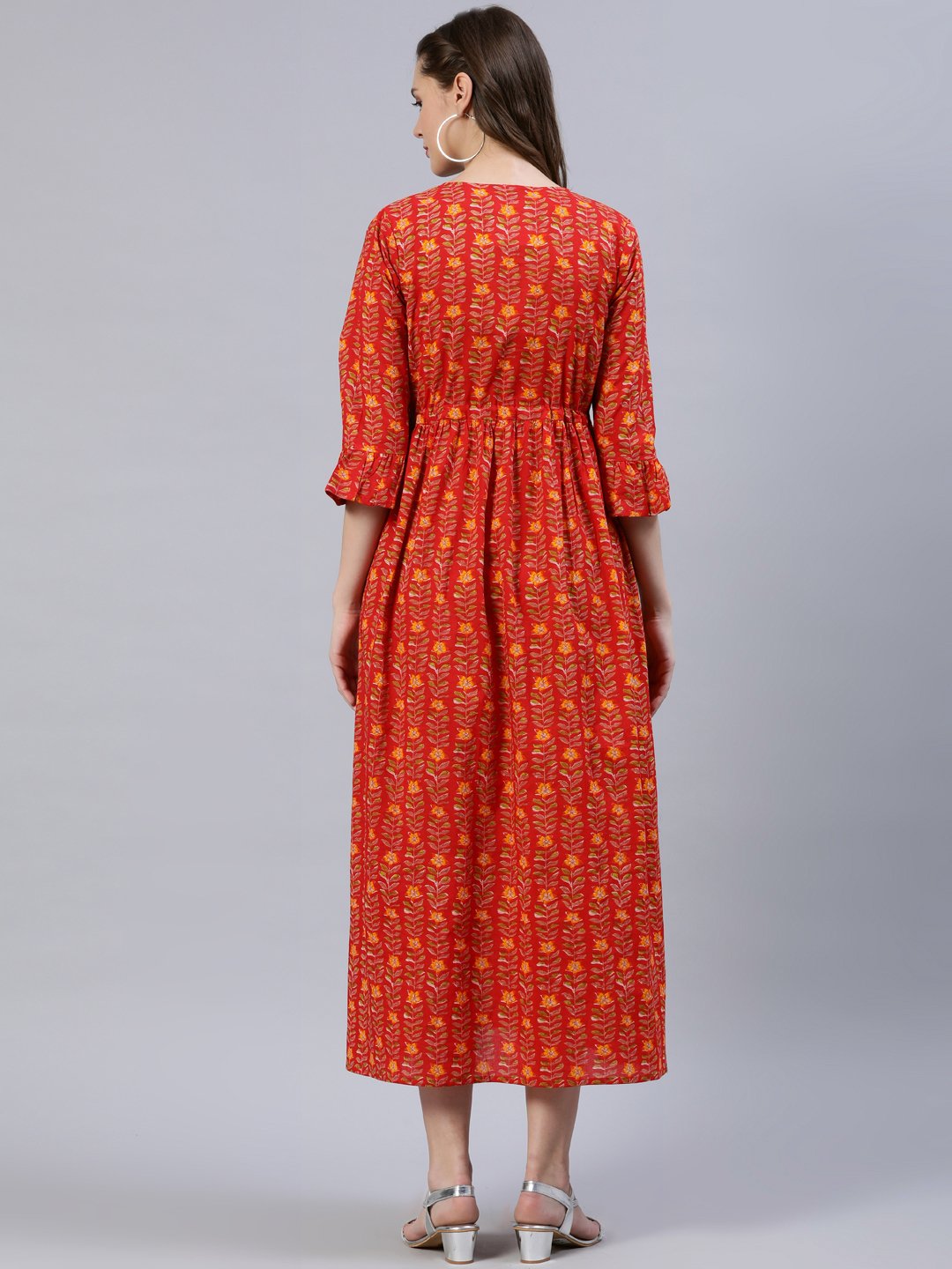 Women Red Printed Dress With Flared Sleeves | LASVINI - Redefining Indian Fashion with Elegance