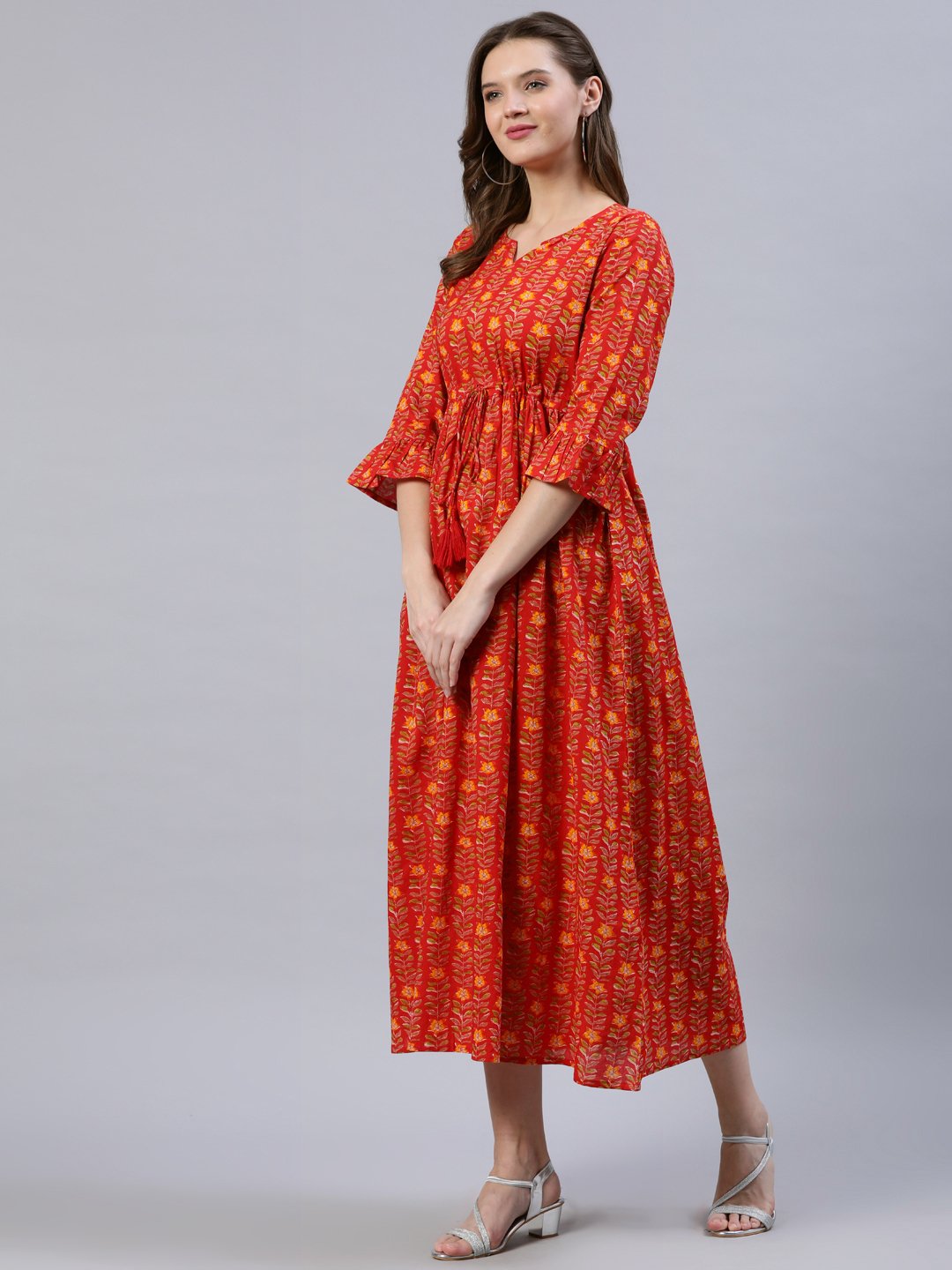 Women Red Printed Dress With Flared Sleeves | LASVINI - Redefining Indian Fashion with Elegance