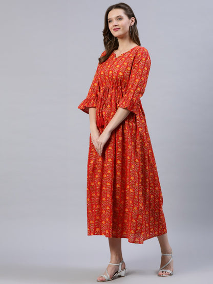 Women Red Printed Dress With Flared Sleeves | LASVINI - Redefining Indian Fashion with Elegance