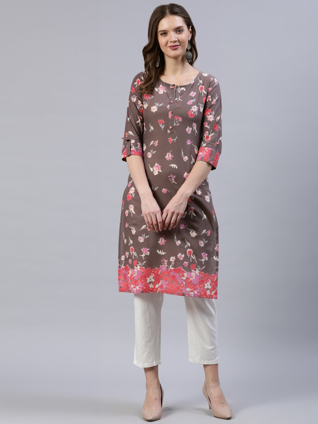 Women Taupe Printed Straight Kurta With Three Quarter Sleeves | LASVINI - Redefining Indian Fashion with Elegance