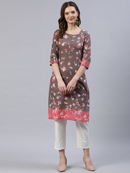 Women Taupe Printed Straight Kurta With Three Quarter Sleeves | LASVINI - Redefining Indian Fashion with Elegance