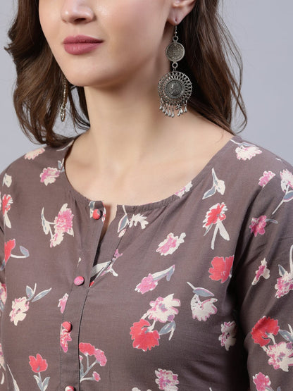 Women Taupe Printed Straight Kurta With Three Quarter Sleeves | LASVINI - Redefining Indian Fashion with Elegance