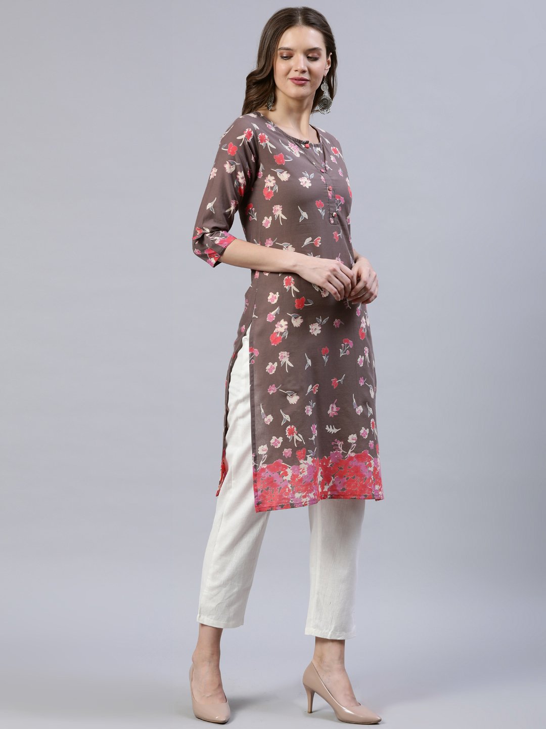 Women Taupe Printed Straight Kurta With Three Quarter Sleeves | LASVINI - Redefining Indian Fashion with Elegance