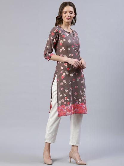 Women Taupe Printed Straight Kurta With Three Quarter Sleeves | LASVINI - Redefining Indian Fashion with Elegance