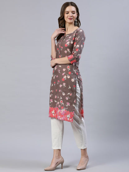 Women Taupe Printed Straight Kurta With Three Quarter Sleeves | LASVINI - Redefining Indian Fashion with Elegance
