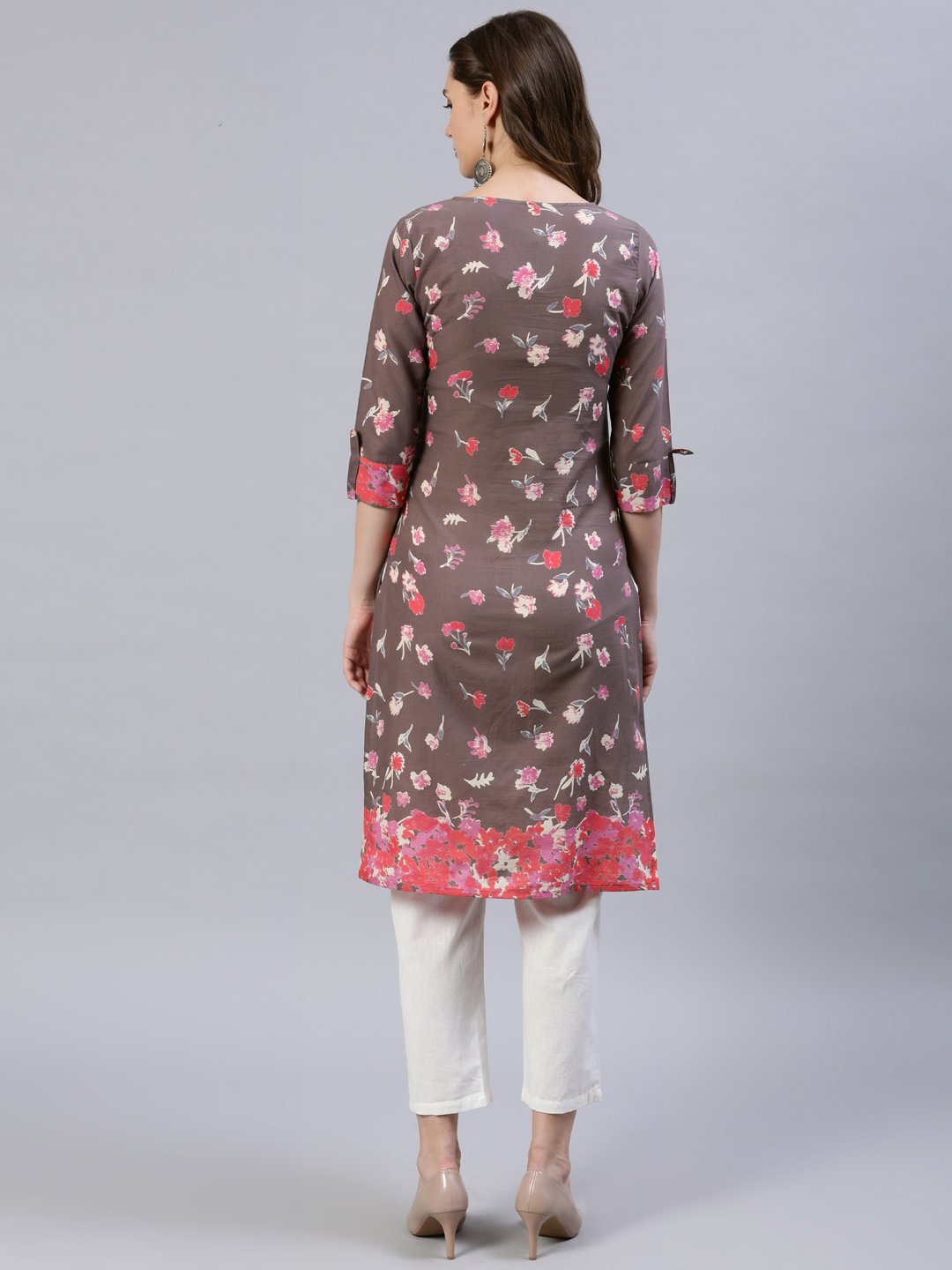Women Taupe Printed Straight Kurta With Three Quarter Sleeves | LASVINI - Redefining Indian Fashion with Elegance
