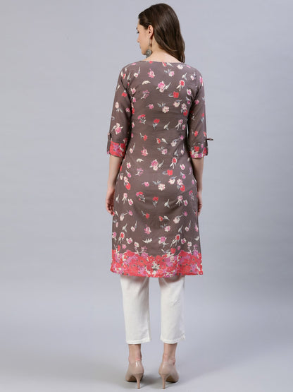 Women Taupe Printed Straight Kurta With Three Quarter Sleeves | LASVINI - Redefining Indian Fashion with Elegance