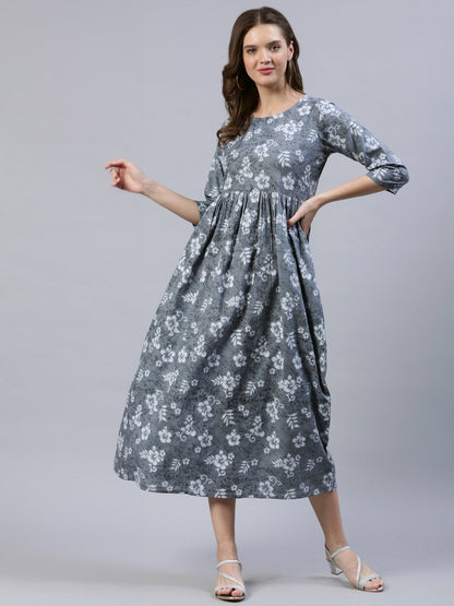 Women Grey Floral Printed Dress With Three Quarter Sleeves | LASVINI - Redefining Indian Fashion with Elegance