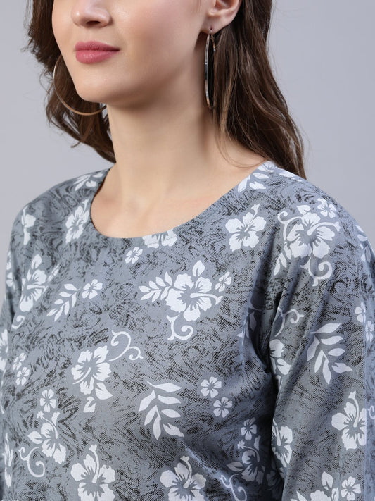 Women Grey Floral Printed Dress With Three Quarter Sleeves | LASVINI - Redefining Indian Fashion with Elegance