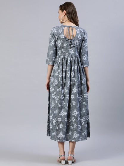 Women Grey Floral Printed Dress With Three Quarter Sleeves | LASVINI - Redefining Indian Fashion with Elegance