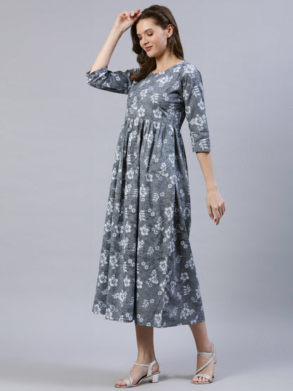 Women Grey Floral Printed Dress With Three Quarter Sleeves | LASVINI - Redefining Indian Fashion with Elegance