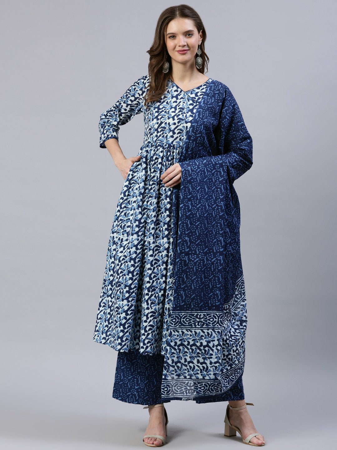 Women Indigo Blue Printed Gathered Kurta With Palazo & Dupatta | LASVINI - Redefining Indian Fashion with Elegance