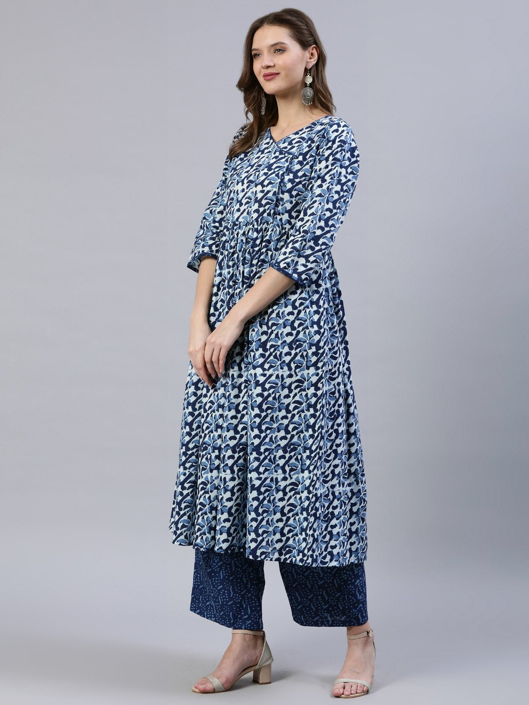 Women Indigo Blue Printed Gathered Kurta With Palazo & Dupatta | LASVINI - Redefining Indian Fashion with Elegance