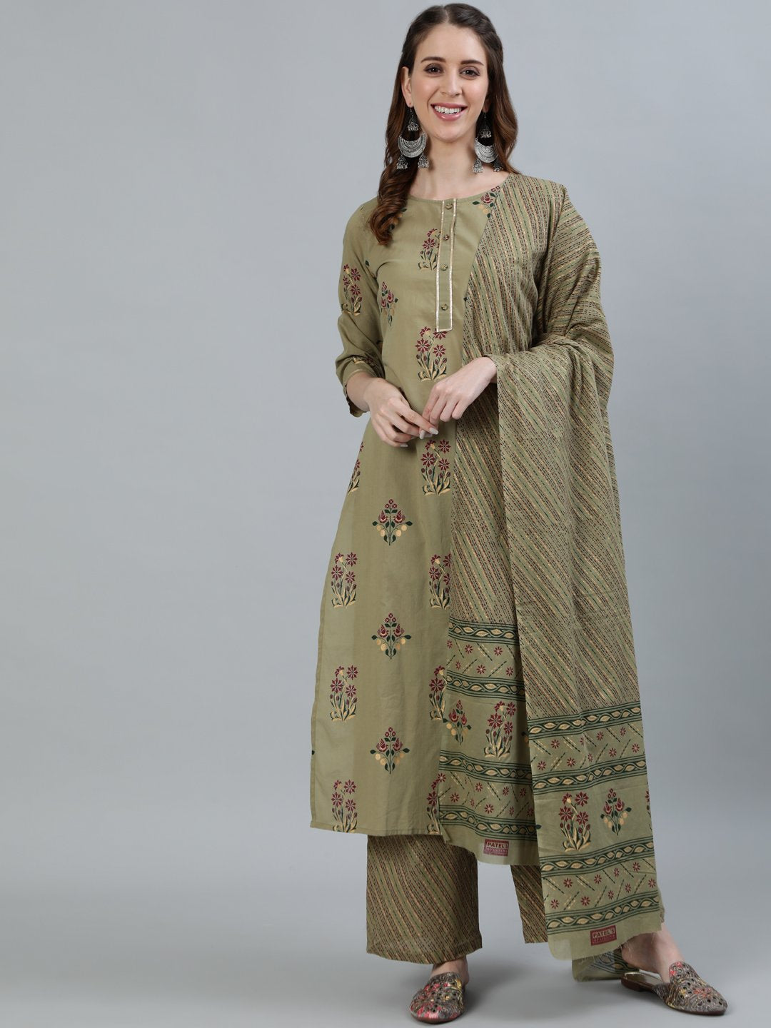 Women Olive Embroidered Layered Pure Cotton Kurti With Trousers & With Dupatta | LASVINI - Redefining Indian Fashion with Elegance