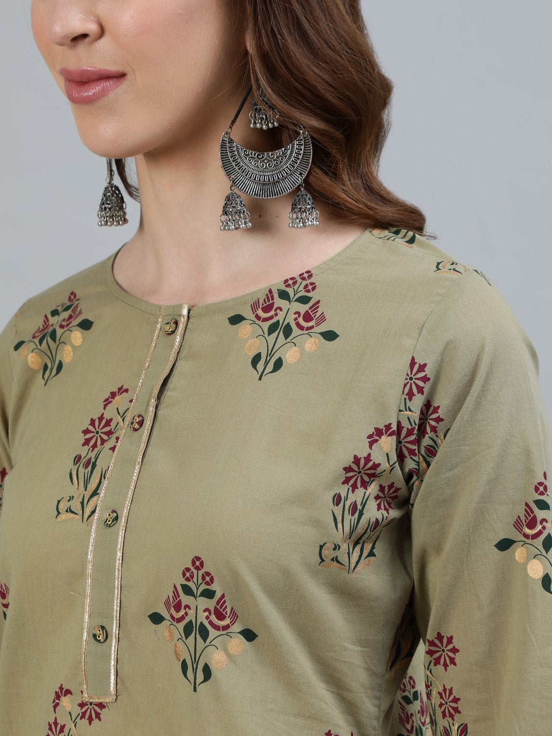 Women Olive Embroidered Layered Pure Cotton Kurti With Trousers & With Dupatta | LASVINI - Redefining Indian Fashion with Elegance