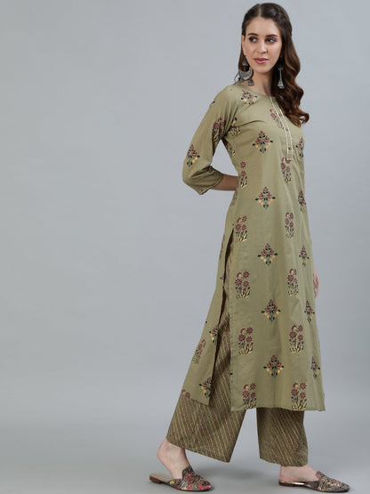 Women Olive Embroidered Layered Pure Cotton Kurti With Trousers & With Dupatta | LASVINI - Redefining Indian Fashion with Elegance