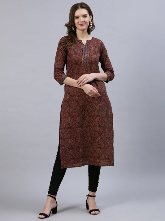 Women Maroon Printed Straight Kurta With Three Quarter Sleeves | LASVINI - Redefining Indian Fashion with Elegance