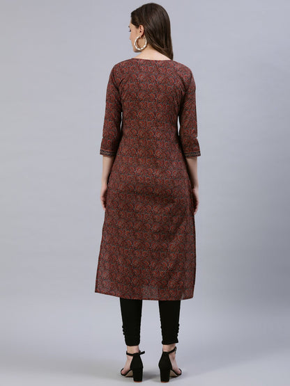 Women Maroon Printed Straight Kurta With Three Quarter Sleeves | LASVINI - Redefining Indian Fashion with Elegance