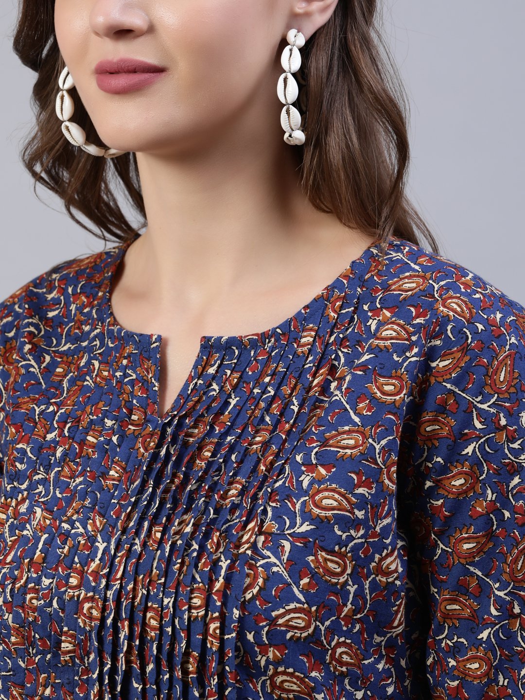 Women Blue Printed A-Line Pleated Kurta With Three Quarter Sleeves | LASVINI - Redefining Indian Fashion with Elegance