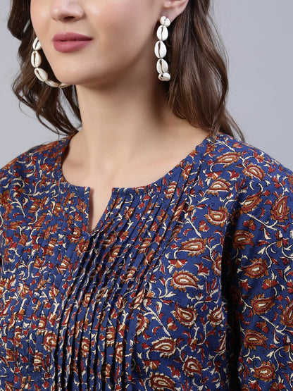 Women Blue Printed A-Line Pleated Kurta With Three Quarter Sleeves | LASVINI - Redefining Indian Fashion with Elegance