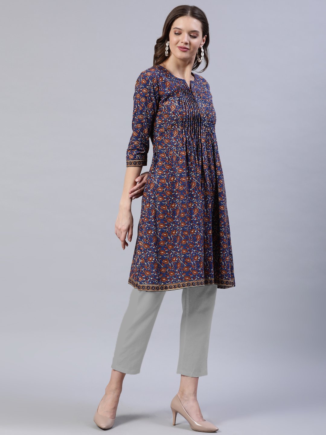 Women Blue Printed A-Line Pleated Kurta With Three Quarter Sleeves | LASVINI - Redefining Indian Fashion with Elegance